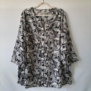 Catherines Women's Black-White Floral Pleated Roll Tab Sleeve Blouse Top Size 2X